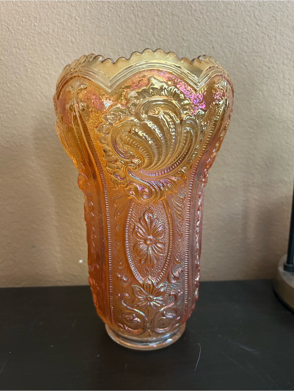 Imperial Scroll And Flower Carnival Glass Vase Smoke Iridescent 11" vintage
